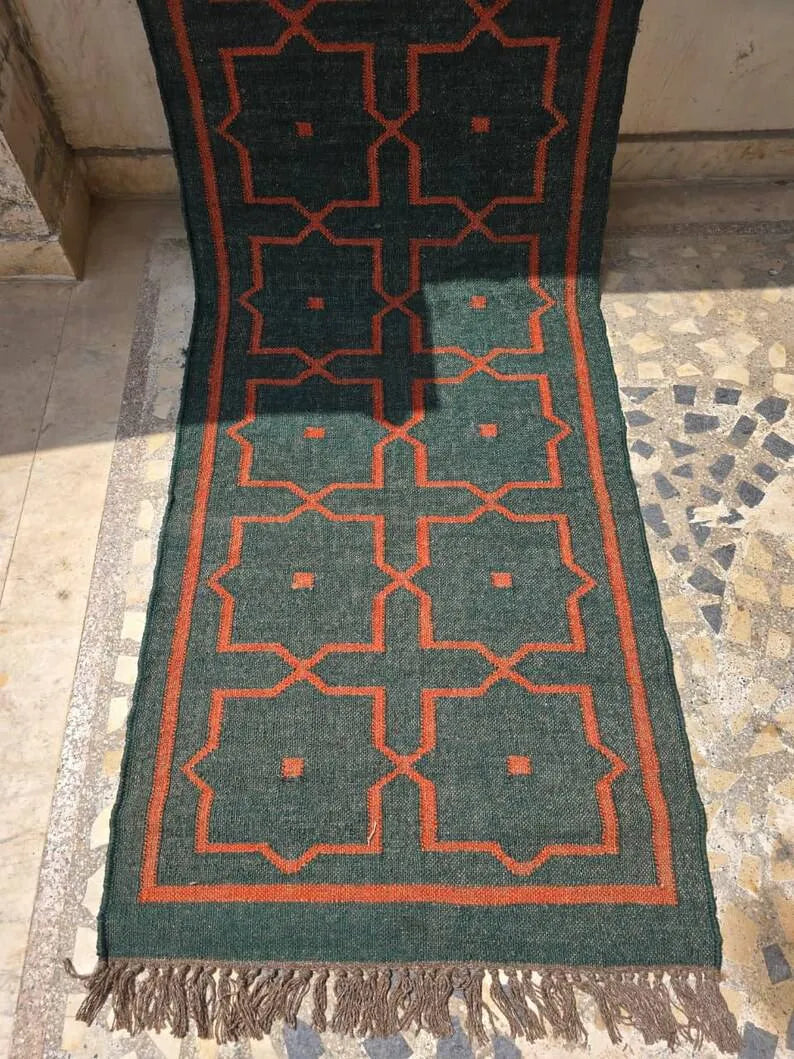 Deep Green Geometric Wool & Jute Kilim Runner Rug
