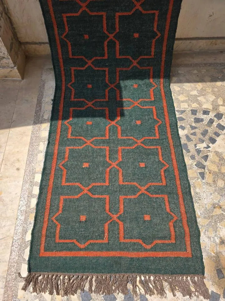 Deep Green Geometric Wool & Jute Kilim Runner Rug