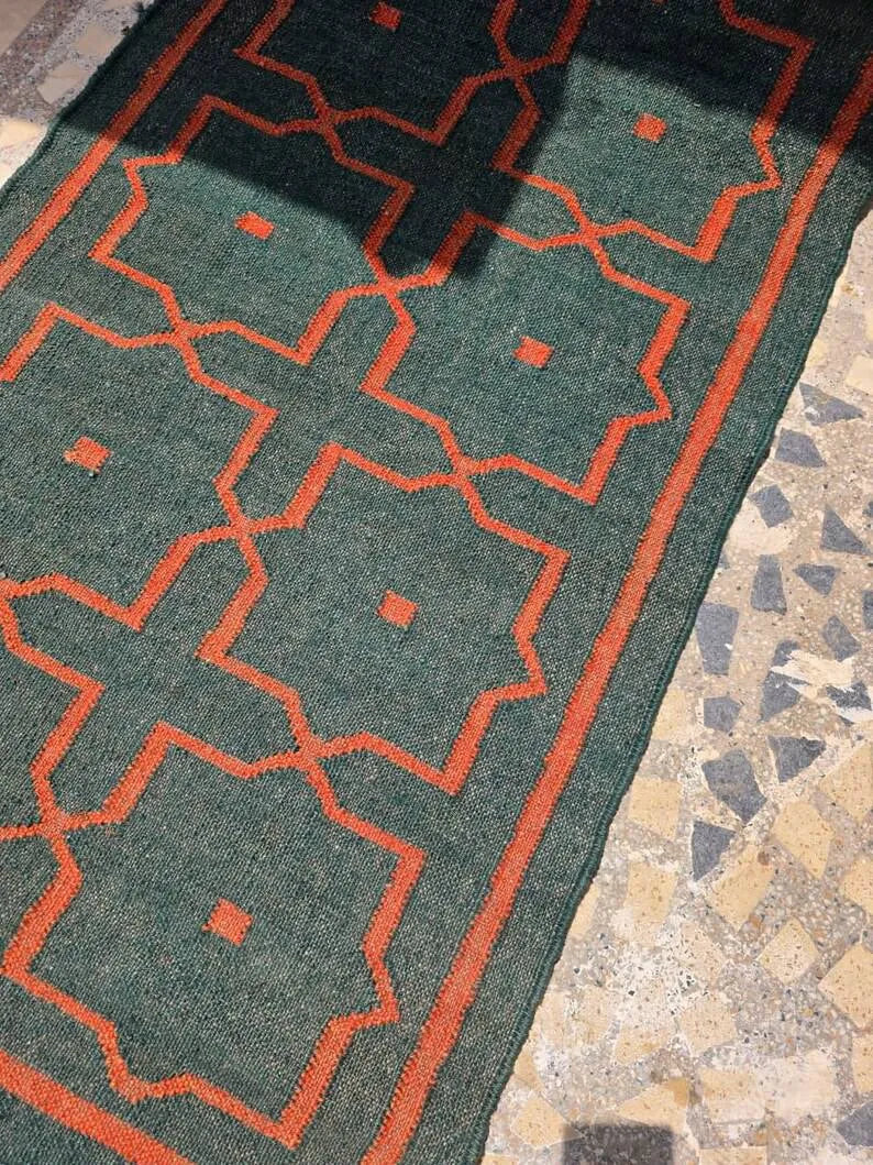 Deep Green Geometric Wool & Jute Kilim Runner Rug