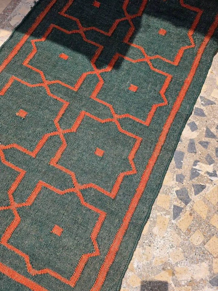 Deep Green Geometric Wool & Jute Kilim Runner Rug