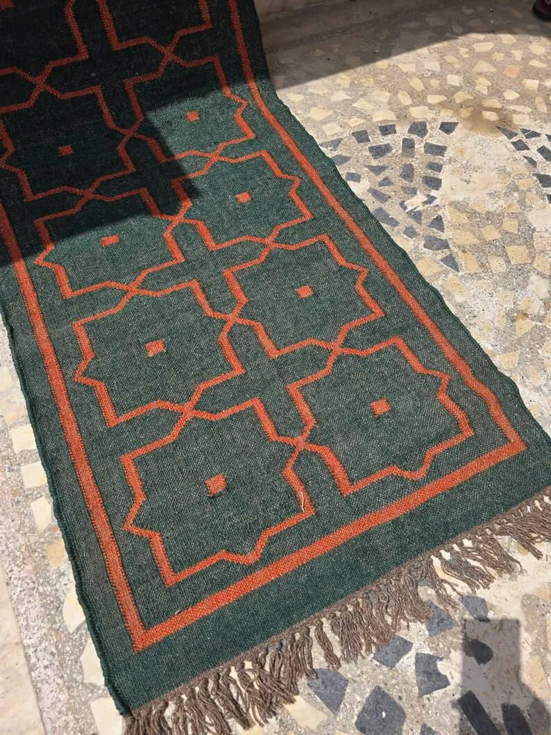 Deep Green Geometric Wool & Jute Kilim Runner Rug