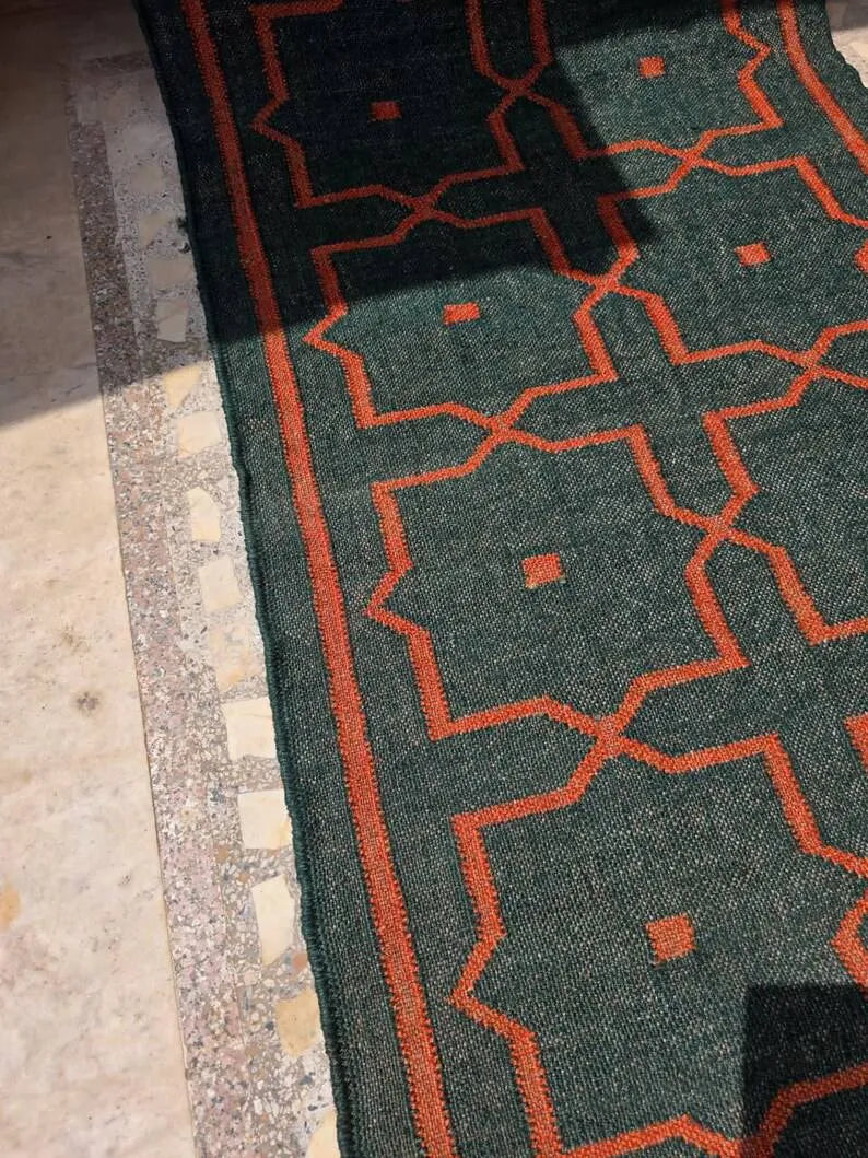 Deep Green Geometric Wool & Jute Kilim Runner Rug