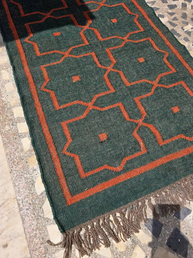 Deep Green Geometric Wool & Jute Kilim Runner Rug