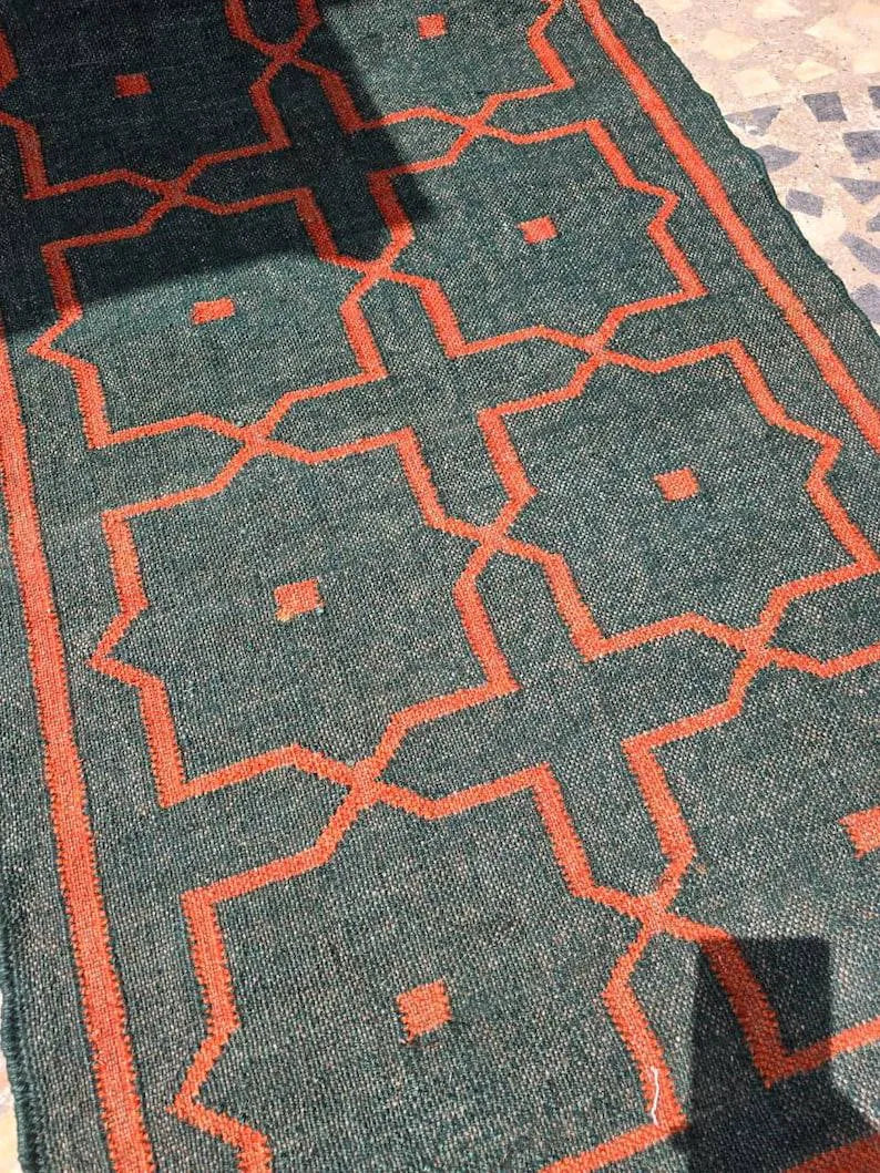 Deep Green Geometric Wool & Jute Kilim Runner Rug