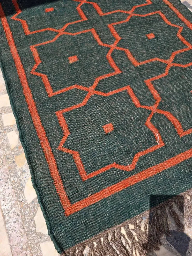 Deep Green Geometric Wool & Jute Kilim Runner Rug