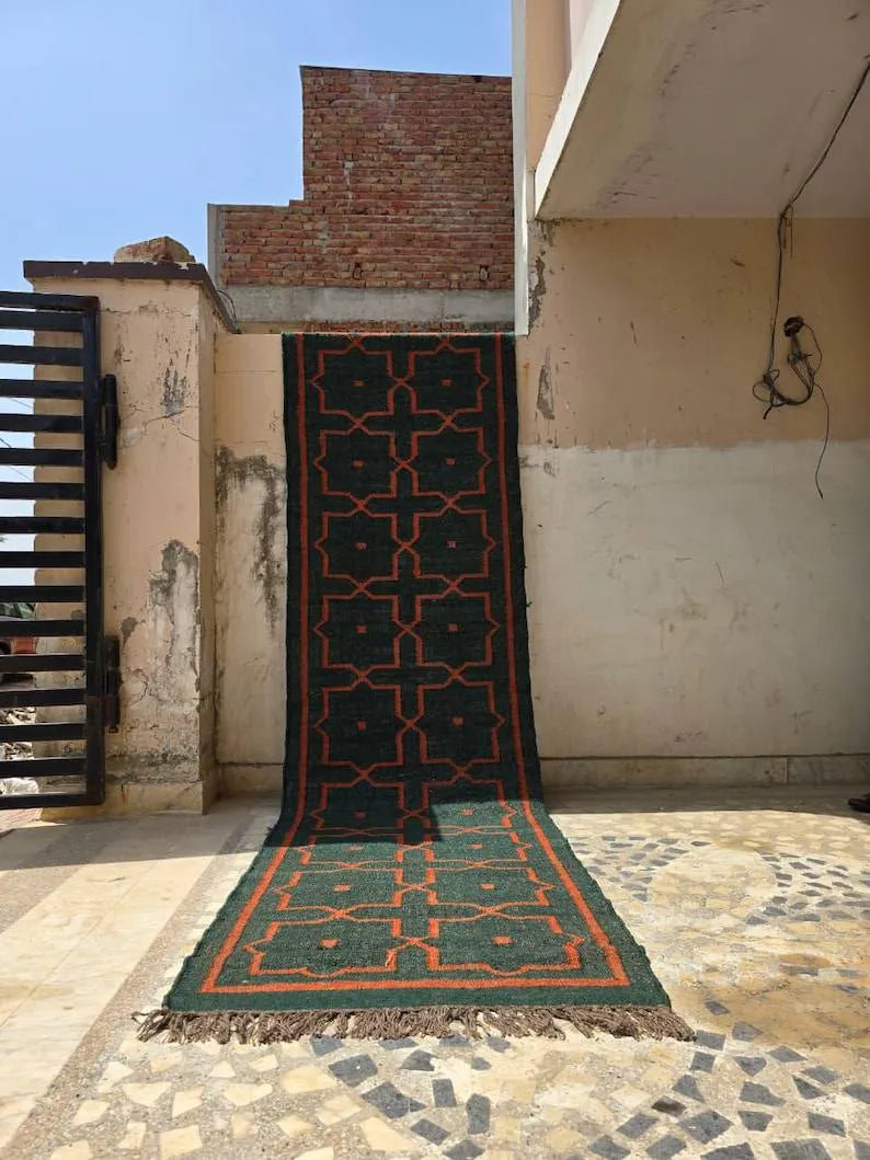 Deep Green Geometric Wool & Jute Kilim Runner Rug