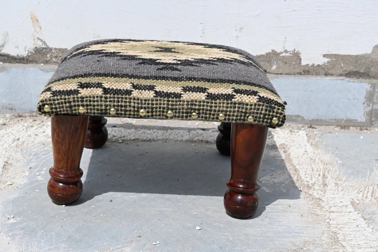 Handmade Sage Green Kilim Ottoman Footstool | Wool Jute Upholstered Tribal Accent Stool with Solid Wooden Legs for Living Room