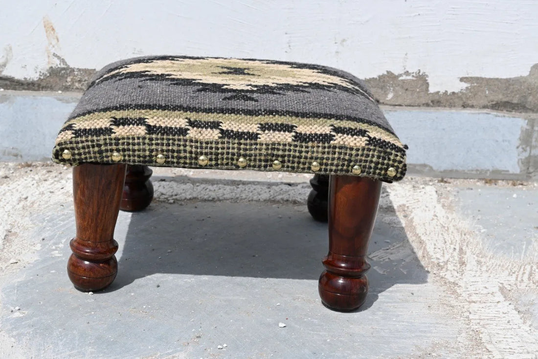 Handmade Sage Green Kilim Ottoman Footstool | Wool Jute Upholstered Tribal Accent Stool with Solid Wooden Legs for Living Room
