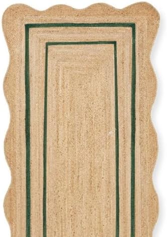 Natural Jute Area Rug with Scalloped Edges & Double Border – Handwoven Rug