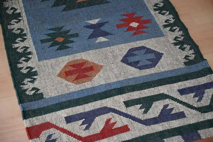 Dusty Blue Medallion Wool & Jute Kilim Runner Rug