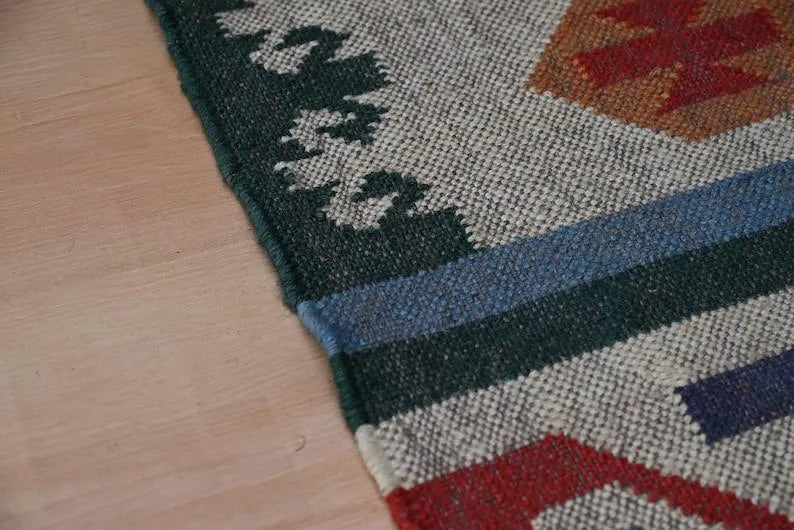 Dusty Blue Medallion Wool & Jute Kilim Runner Rug