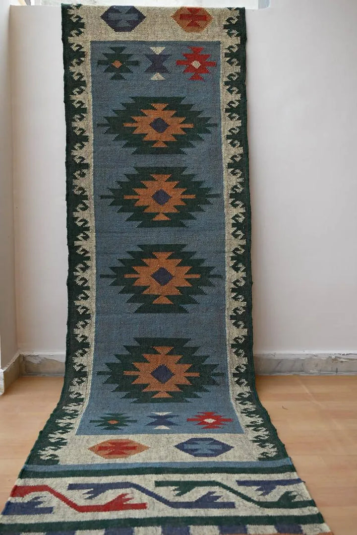 Dusty Blue Medallion Wool & Jute Kilim Runner Rug