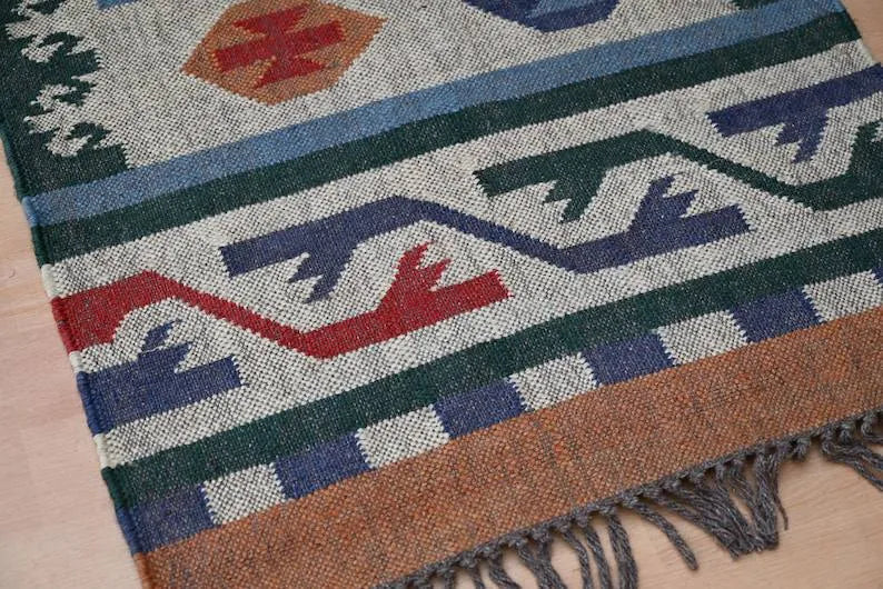 Dusty Blue Medallion Wool & Jute Kilim Runner Rug