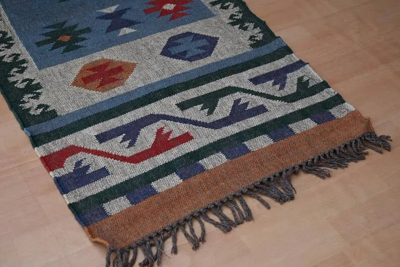 Dusty Blue Medallion Wool & Jute Kilim Runner Rug