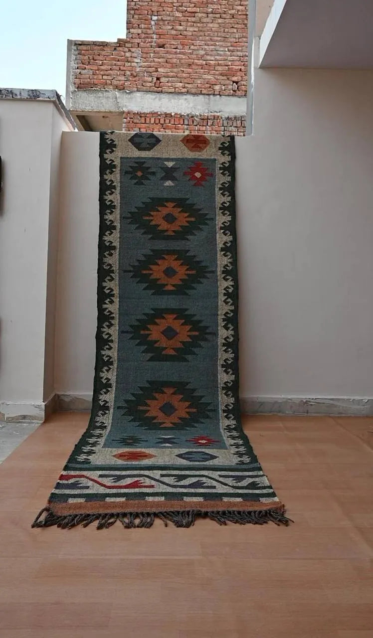 Dusty Blue Medallion Wool & Jute Kilim Runner Rug