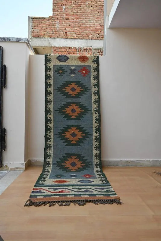 Dusty Blue Medallion Wool & Jute Kilim Runner Rug