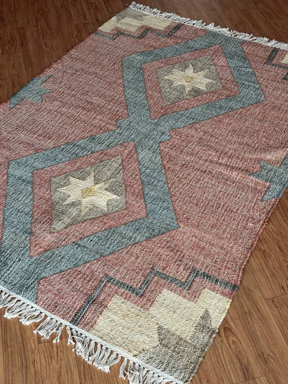 Dusty Rose & Blue Geometric Jute Cotton Area Rug