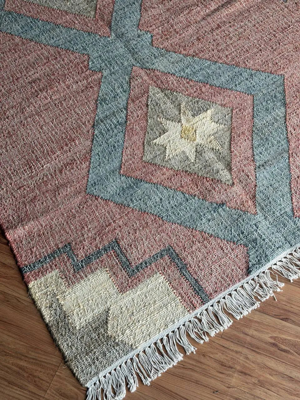 Dusty Rose & Blue Geometric Jute Cotton Area Rug