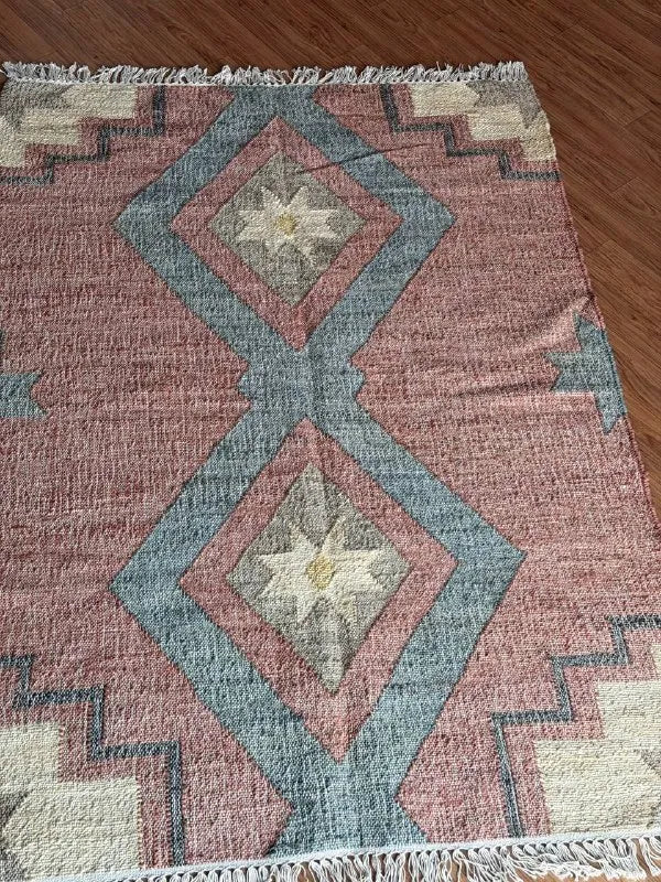Dusty Rose & Blue Geometric Jute Cotton Area Rug