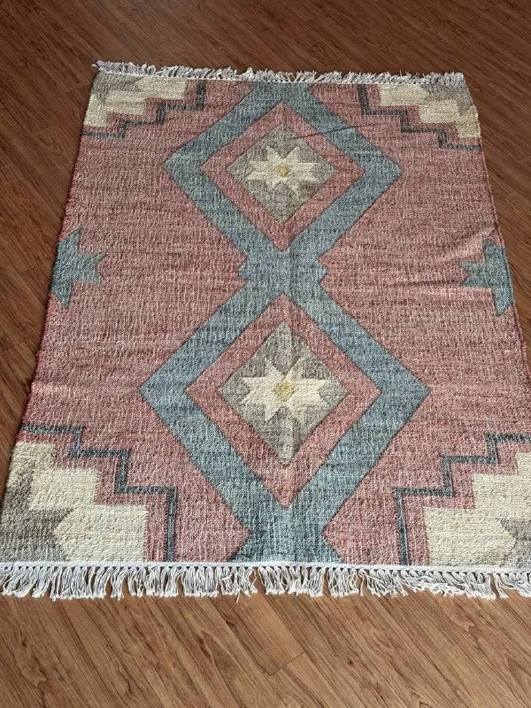 Dusty Rose & Blue Geometric Jute Cotton Area Rug