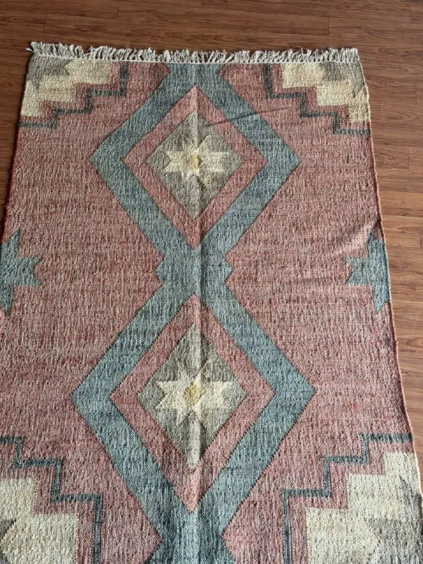 Dusty Rose & Blue Geometric Jute Cotton Area Rug