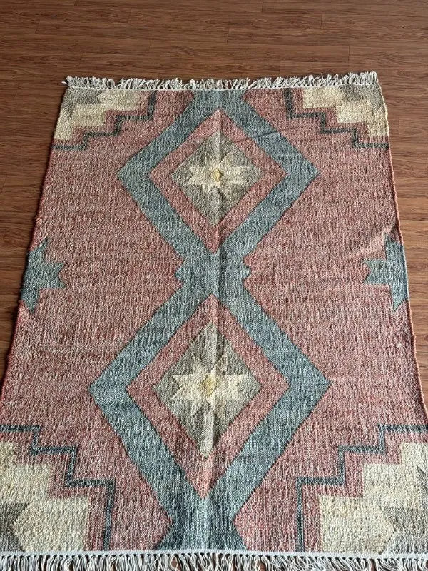 Dusty Rose & Blue Geometric Jute Cotton Area Rug
