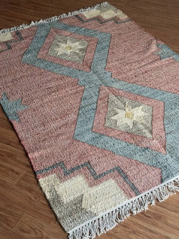 Dusty Rose & Blue Geometric Jute Cotton Area Rug