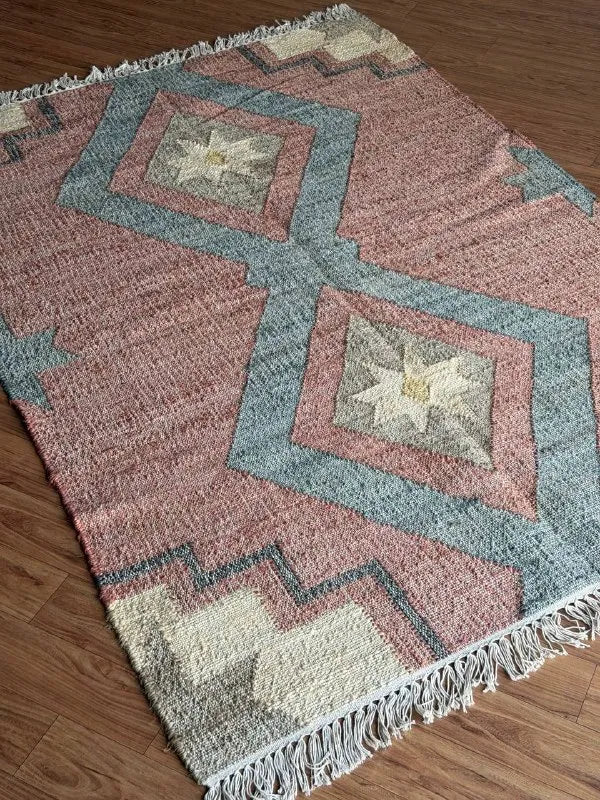 Dusty Rose & Blue Geometric Jute Cotton Area Rug