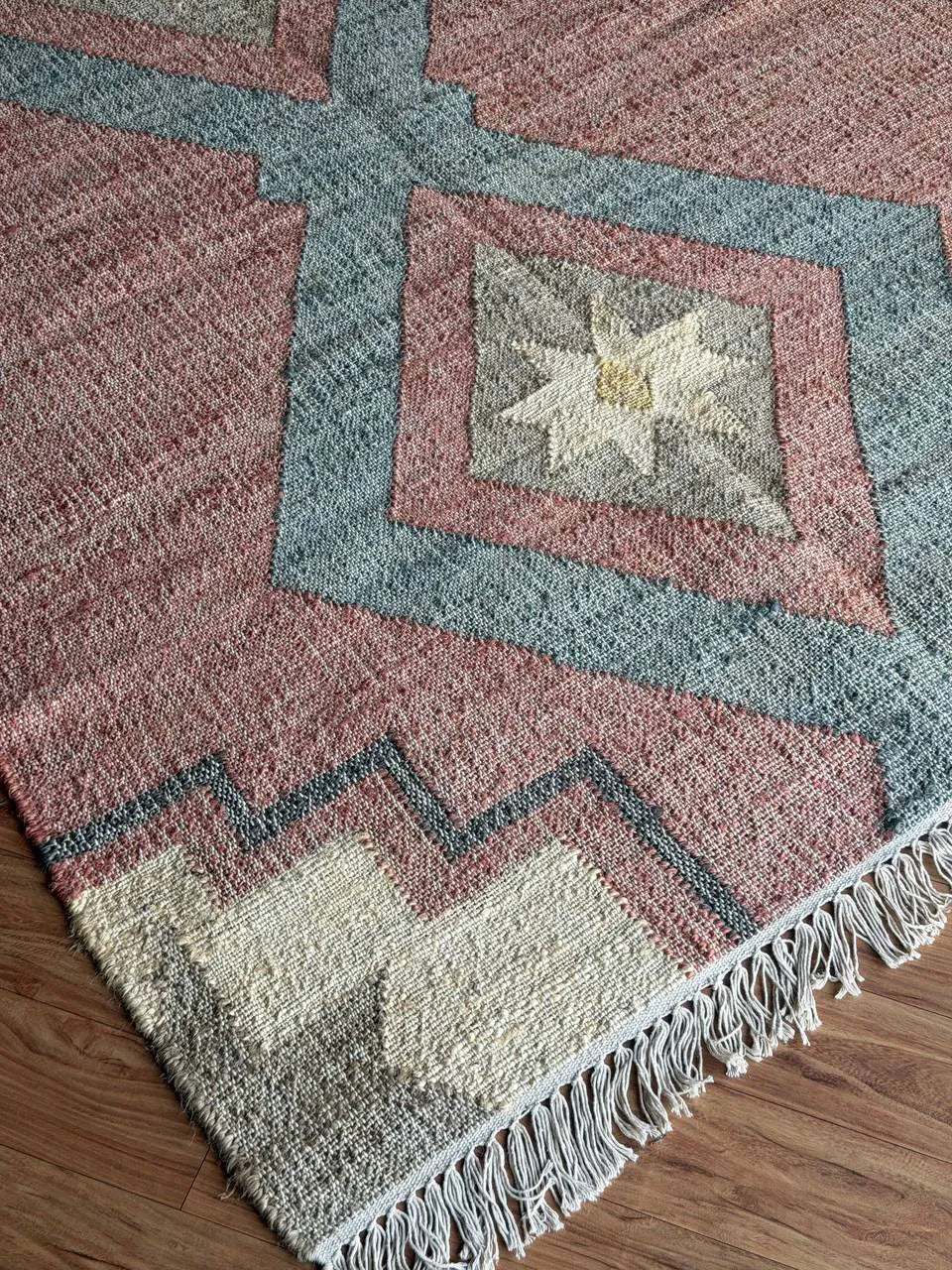 Dusty Rose & Blue Geometric Jute Cotton Area Rug