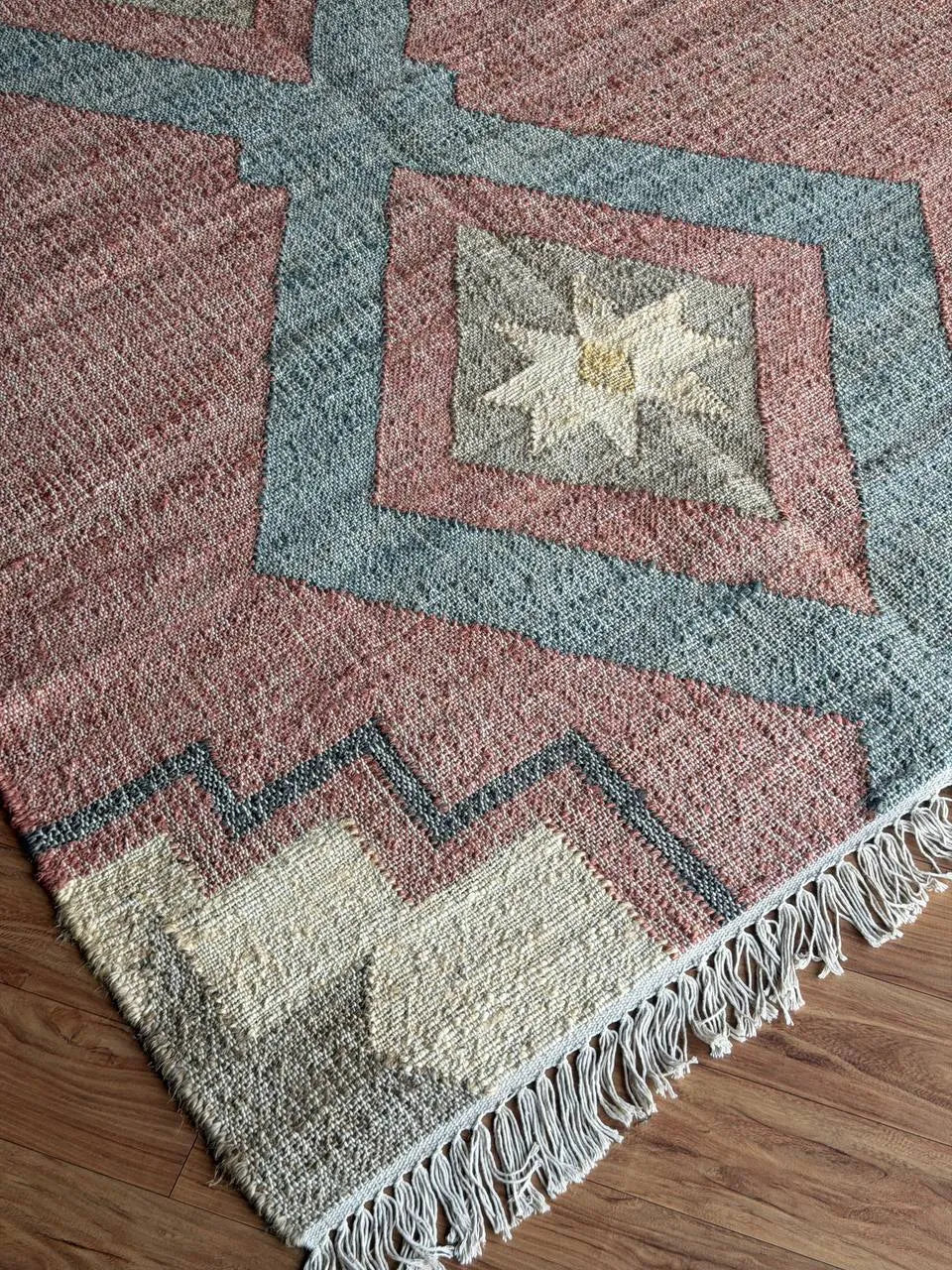 Dusty Rose & Blue Geometric Jute Cotton Area Rug