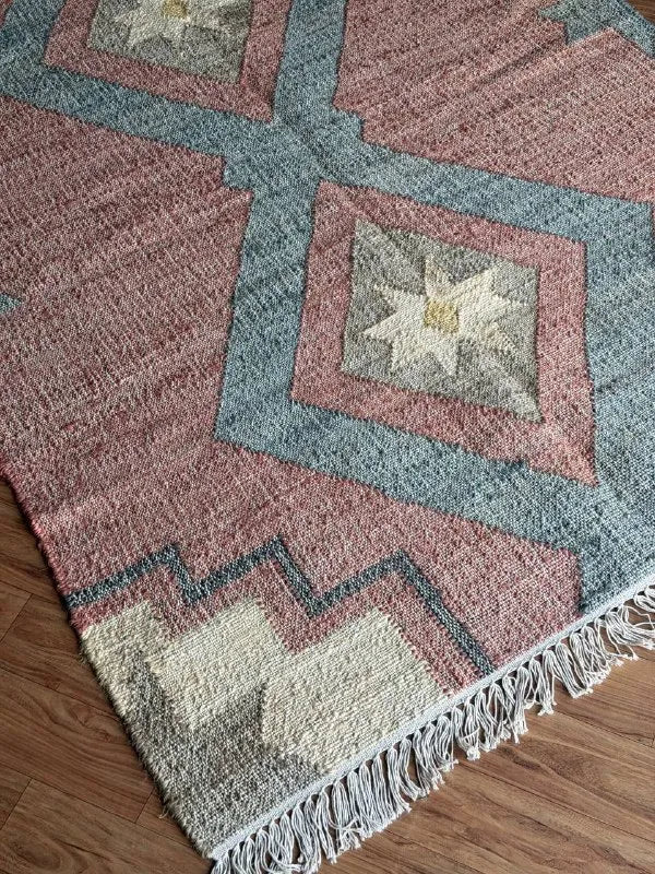 Dusty Rose & Blue Geometric Jute Cotton Area Rug
