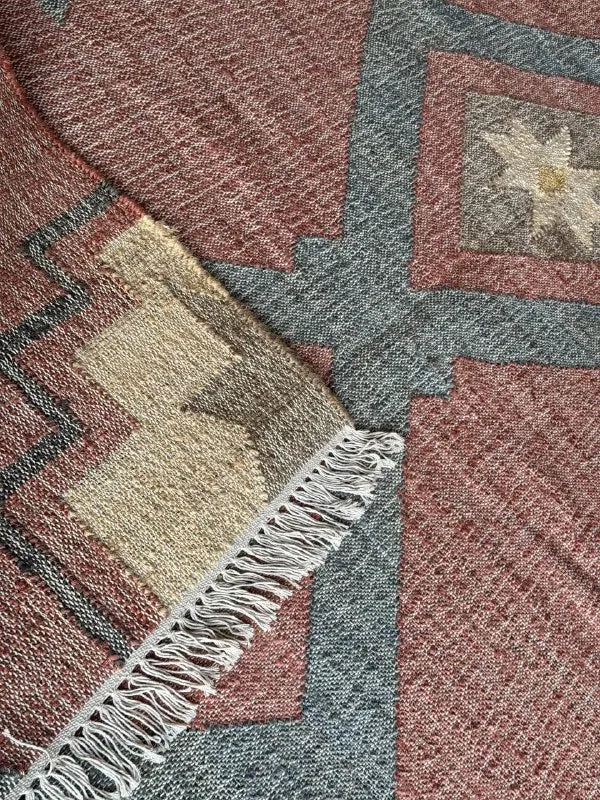Dusty Rose & Blue Geometric Jute Cotton Area Rug