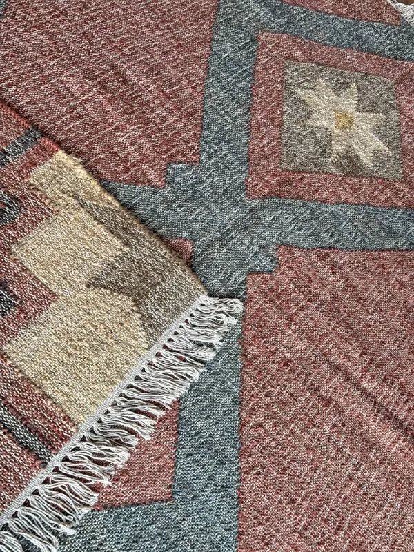 Dusty Rose & Blue Geometric Jute Cotton Area Rug