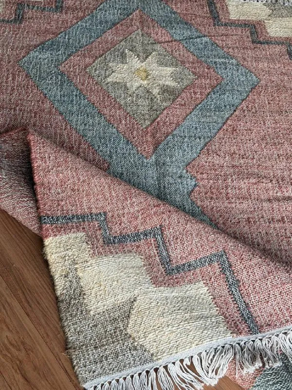 Dusty Rose & Blue Geometric Jute Cotton Area Rug