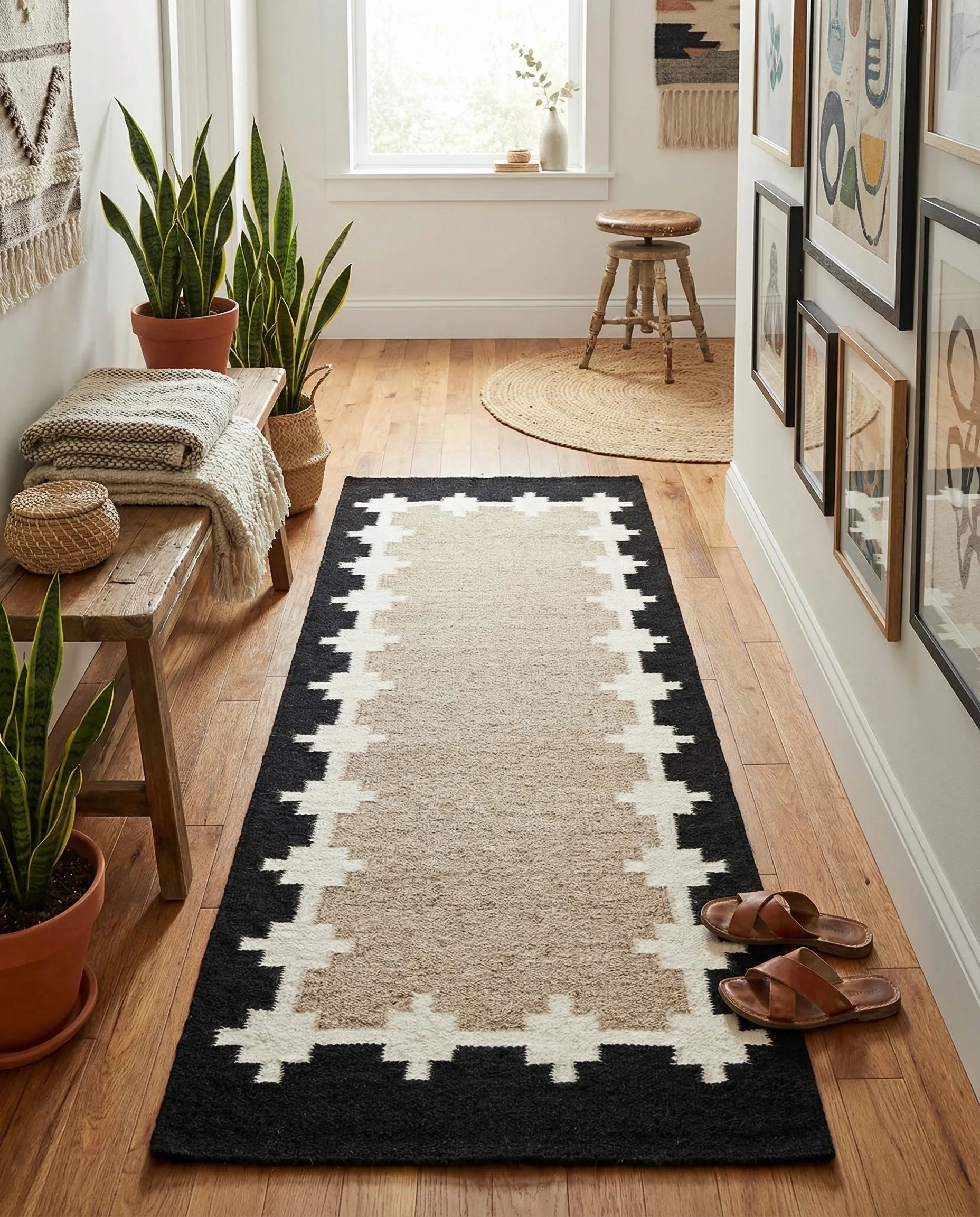 Black & White Jute Runner Rug – Eco-Friendly Hemp Fiber Hallway Carpet