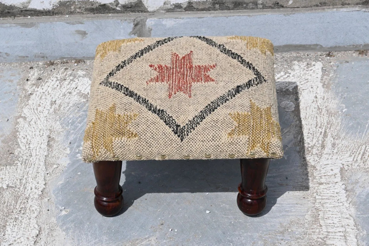 Handmade Southwestern Star Kilim Ottoman Footstool | Wool Jute Upholstered Accent Stool with Solid Wooden Legs & Tribal Design
