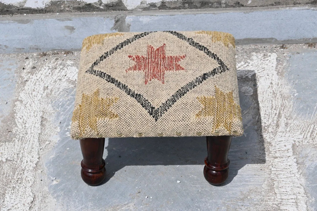 Handmade Southwestern Star Kilim Ottoman Footstool | Wool Jute Upholstered Accent Stool with Solid Wooden Legs & Tribal Design