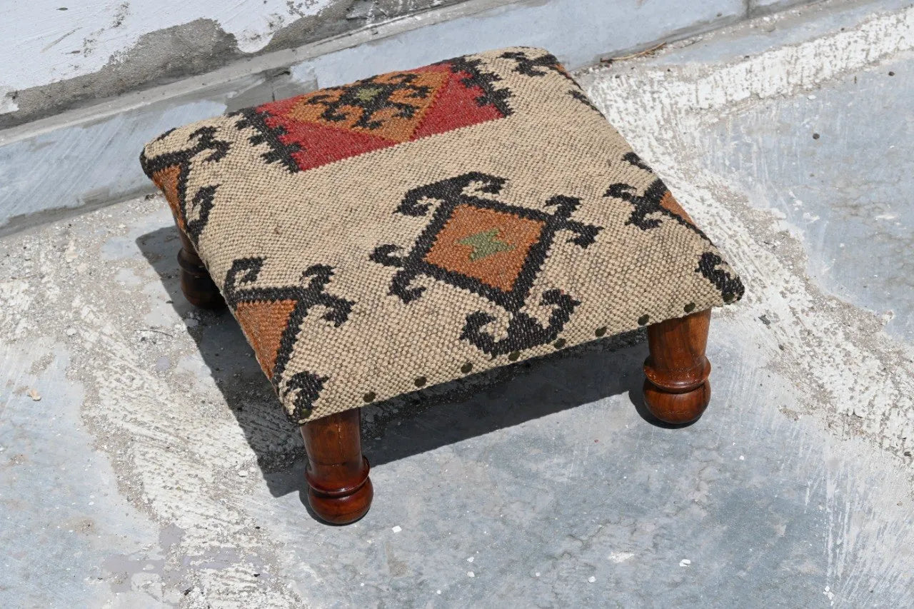 Handmade Southwestern Kilim Ottoman Footstool | Wool Jute Upholstered Tribal Accent Stool with Solid Wooden Legs for Living Room