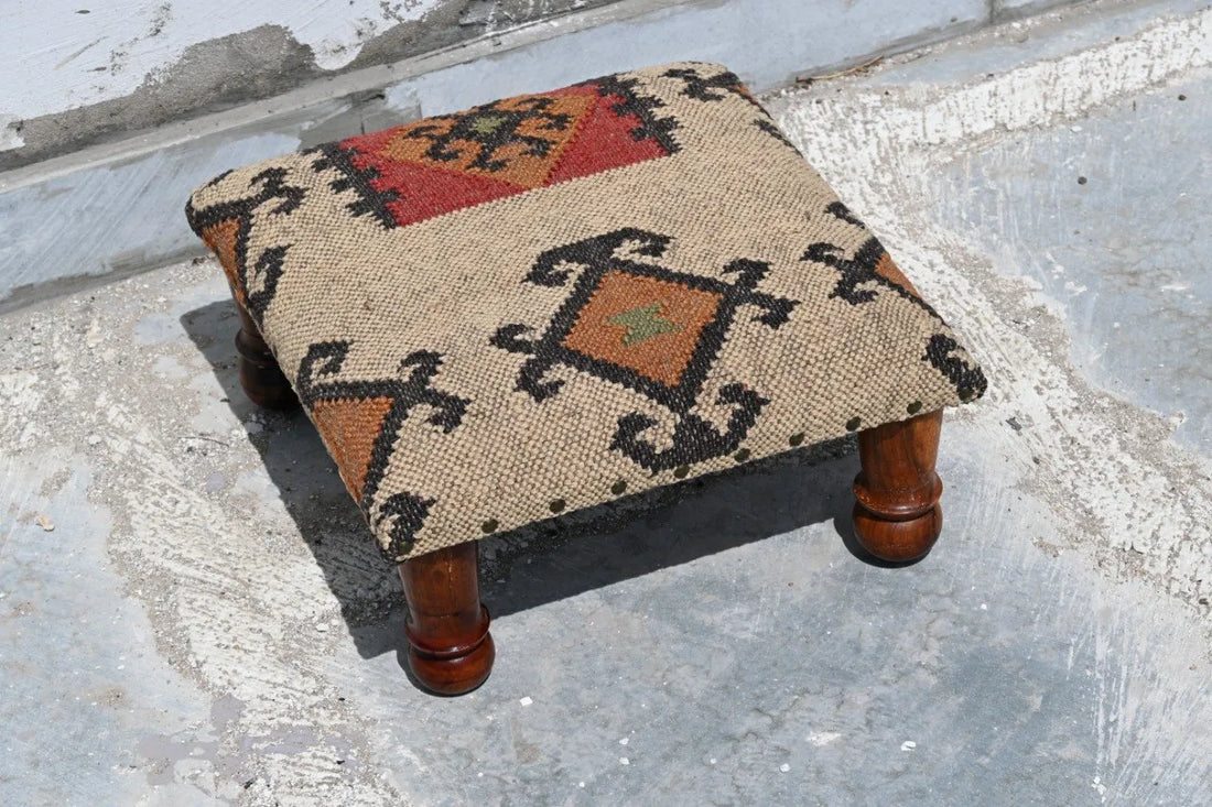 Handmade Southwestern Kilim Ottoman Footstool | Wool Jute Upholstered Tribal Accent Stool with Solid Wooden Legs for Living Room