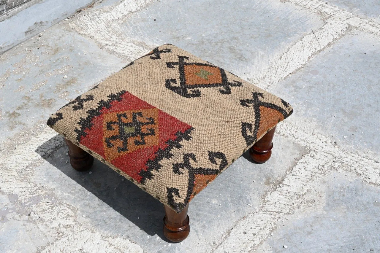 Handmade Southwestern Kilim Ottoman Footstool | Wool Jute Upholstered Tribal Accent Stool with Solid Wooden Legs for Living Room