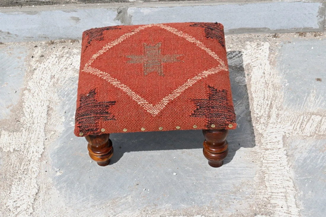 Handmade Terracotta Red Kilim Ottoman Footstool | Wool Jute Upholstered Tribal Accent Stool with Solid Wooden Legs
