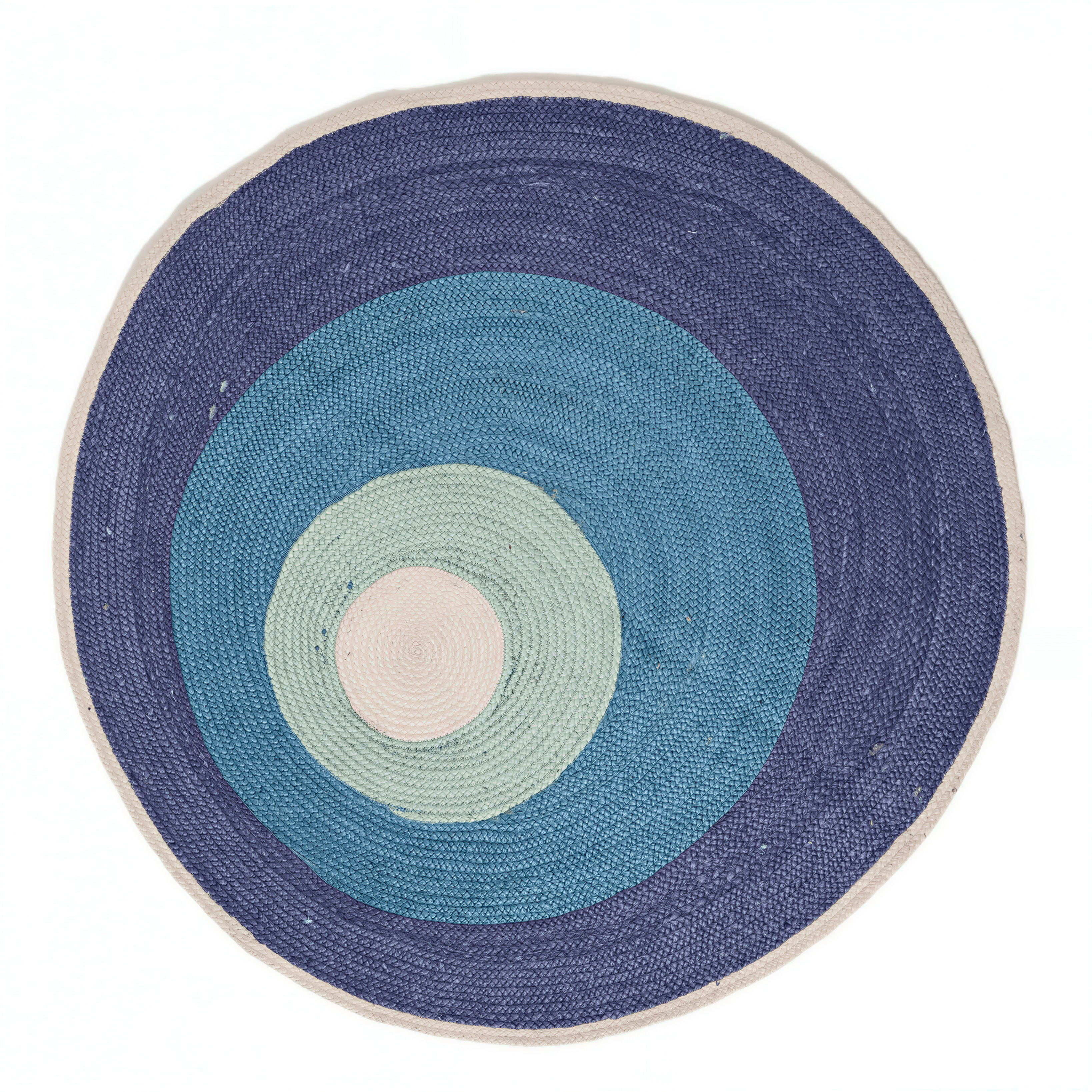 a circular design with concentric circles of different colors, including blue, green, and white.