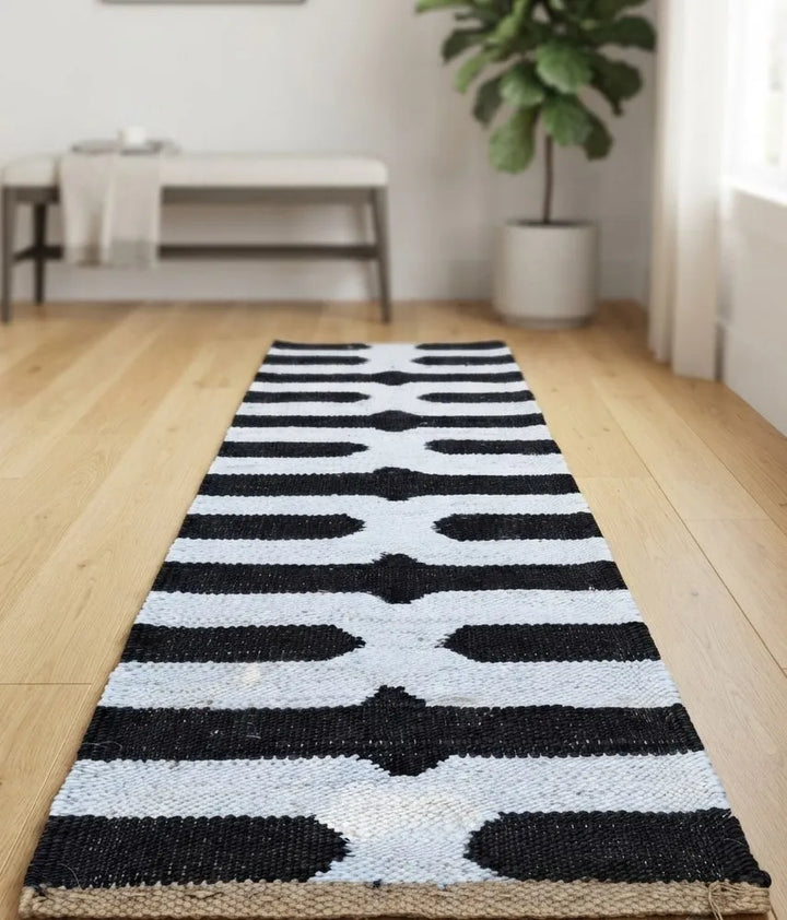 Handmade Black Linear Hemp-Jute Runner – Modern Diamond Passage Rug