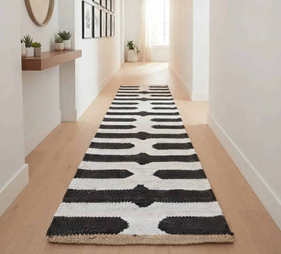 Handmade Black Linear Hemp-Jute Runner – Modern Diamond Passage Rug