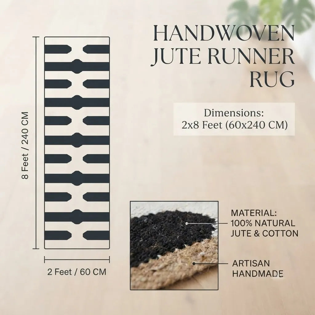 Handmade Black Linear Hemp-Jute Runner – Modern Diamond Passage Rug