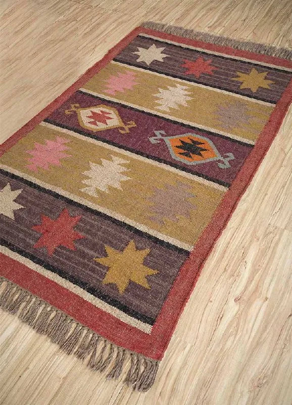 Handmade Wool Jute Area Rug – Southwestern Geometric Kilim Rug with Earthy Tribal Motifs & Fringe