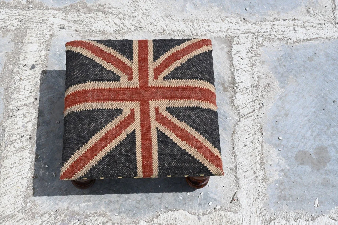 Handmade Union Jack Kilim Ottoman Footstool | Wool Jute Upholstered British Flag Pouf Stool with Solid Wooden Legs for Living Room