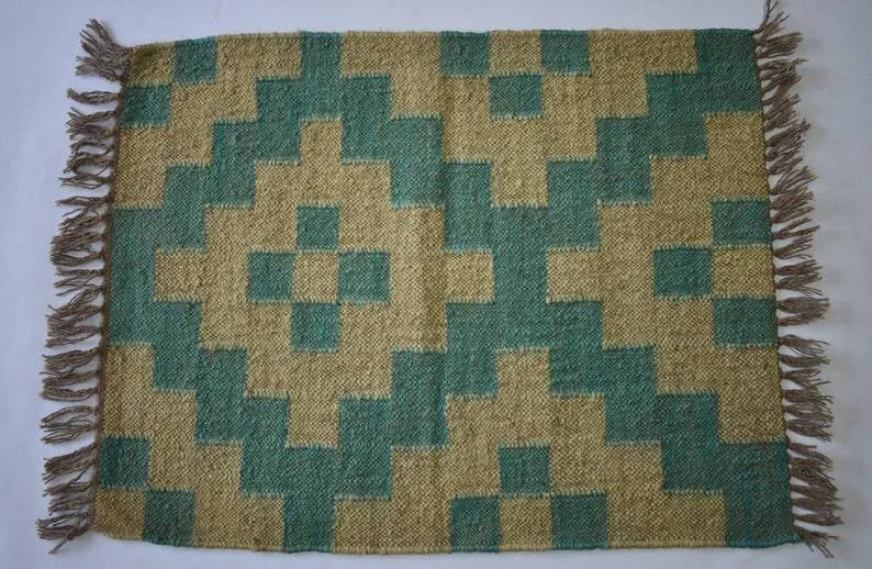 Handmade Teal Wool Jute Area Rug – Geometric Kilim Flatweave Rug with Fringe, Natural Beige Boho Decor