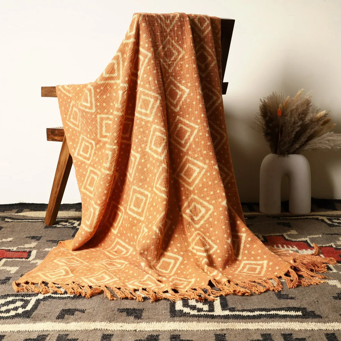 Burnt Orange Geometric Throw Blanket with Fringe | Sanwariya Rugs