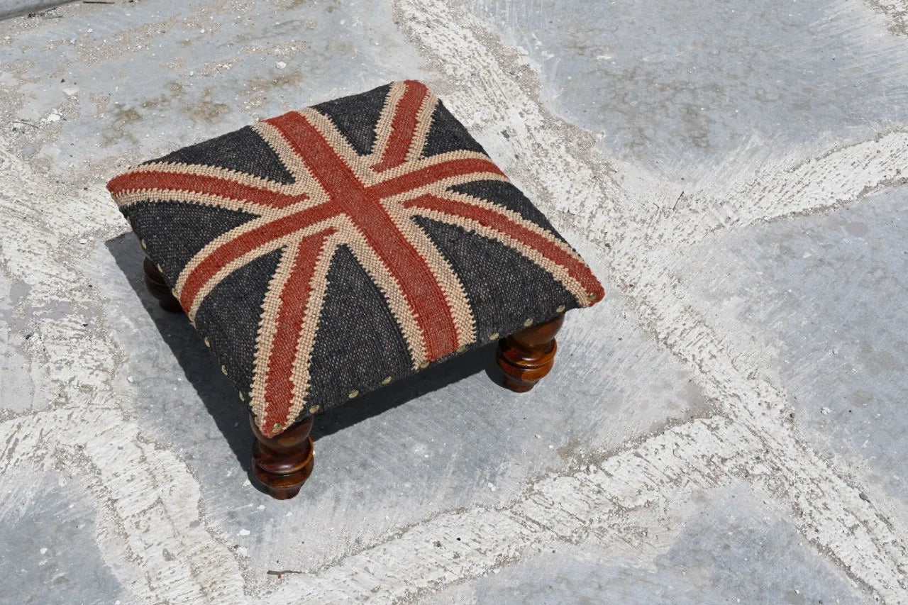 Handmade Union Jack Kilim Ottoman Footstool | Wool Jute Upholstered British Flag Pouf Stool with Solid Wooden Legs for Living Room